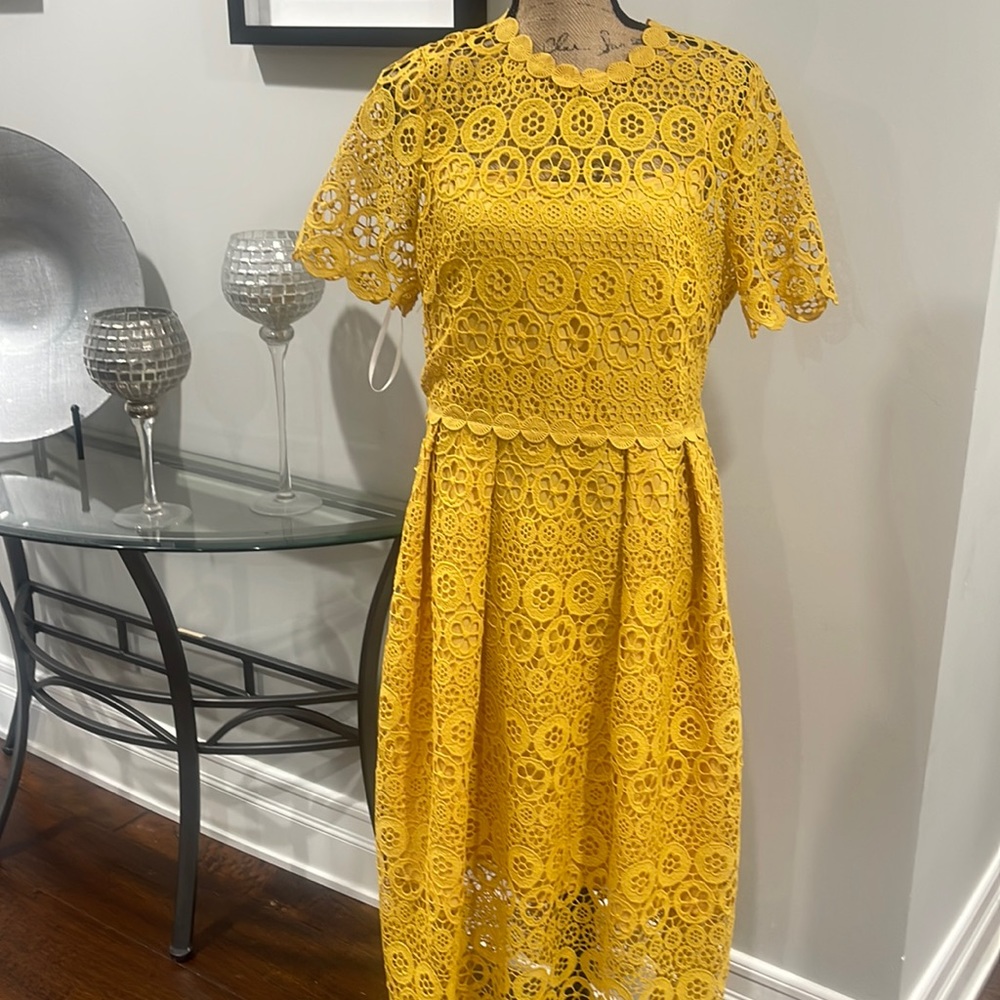 A large mustard, eyelet dress
